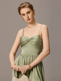 Spaghetti Straps Pleated Tie Satin Sleeveless Bridesmaid Dress