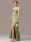 Spaghetti Straps Pleated Tie Satin Sleeveless Bridesmaid Dress