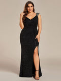 Glitter V-Neck Straps Pleated Wedding Guest Dress with High Slit