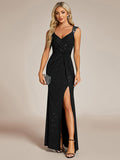 Glitter Sheath V-Neck Straps Sleeveless Side Slit Evening Dress