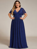 Plus Size A-Line V-Neck Short Sleeves Pleated Sparkly Formal Evening Dress