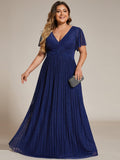 Plus Size A-Line V-Neck Short Sleeves Pleated Sparkly Formal Evening Dress
