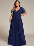 Plus Size A-Line V-Neck Short Sleeves Pleated Sparkly Formal Evening Dress