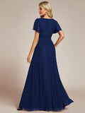 A-Line Glitter Empire-Waist Pleated Short Sleeves V-Neck Formal Evening Dress