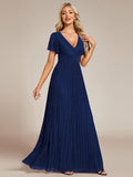 A-Line Glitter Empire-Waist Pleated Short Sleeves V-Neck Formal Evening Dress