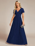 A-Line Glitter Empire-Waist Pleated Short Sleeves V-Neck Formal Evening Dress