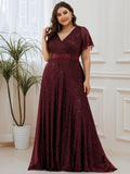 Glitter Short Sleeve A-Line V-Neck Empire-Waist Pleated Bridesmaid Dress