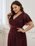 A-Line Plus Size Empire-Waist V-Neck Formal Evening Dress With Short Sleeves