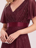 A-Line Glitter V-Neck Short Sleeve Pleated Wedding Guest Dress
