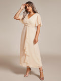 Metallic A-Line V-Neck Ruffles Short Sleeve Wedding Guest Dress