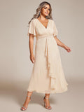 Metallic A-Line V-Neck Ruffles Short Sleeve Wedding Guest Dress