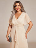 Metallic A-Line V-Neck Ruffles Short Sleeve Wedding Guest Dress