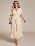 Metallic A-Line V-Neck Ruffles Short Sleeve Wedding Guest Dress