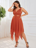 Plus Size A-Line Ruffles V-Neck Prom Lace Dress for Women