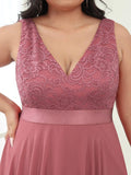 Plus Size A-Line Ruffles V-Neck Prom Lace Dress for Women