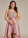 A-Line Empire-Waist V-Neck High Low Sleeveless Plus Size Evening Dress