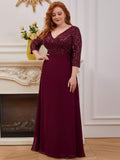 Plus Size V-Neck A-Line Empire-Waist Formal Evening Dress with Long Sleeves