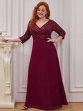 Plus Size V-Neck A-Line Empire-Waist Formal Evening Dress with Long Sleeves