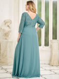 Plus Size V-Neck A-Line Empire-Waist Formal Evening Dress with Long Sleeves