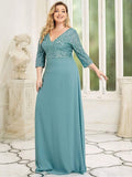 Plus Size V-Neck A-Line Empire-Waist Formal Evening Dress with Long Sleeves