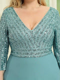 Plus Size V-Neck A-Line Empire-Waist Formal Evening Dress with Long Sleeves