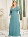 Plus Size V-Neck A-Line Empire-Waist Formal Evening Dress with Long Sleeves