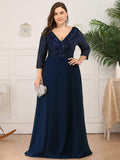 Plus Size V-Neck A-Line Empire-Waist Formal Evening Dress with Long Sleeves