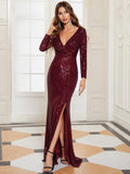 Shiny V-Neck Sequined Long Sleeves Evening Dress with High Slit