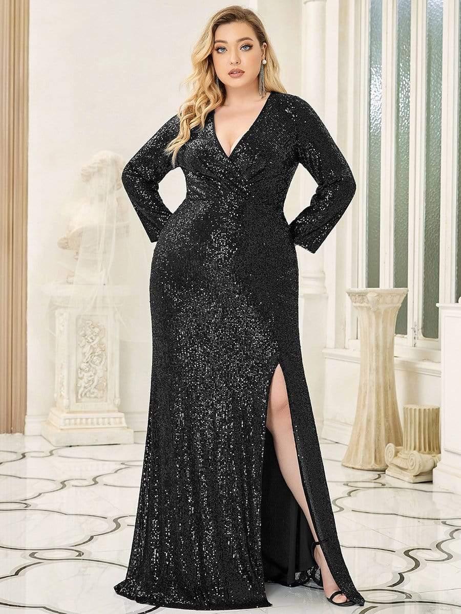 Bodycon Long Sleeves Plus Size V-Neck Sequin Formal Evening Gown with Slit