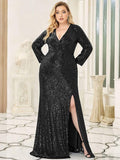 Bodycon Long Sleeves Plus Size V-Neck Sequin Formal Evening Gown with Slit