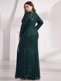 Shiny V-Neck Sequined Long Sleeves Evening Dress with High Slit