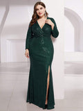 Shiny V-Neck Sequined Long Sleeves Evening Dress with High Slit
