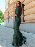 Shiny V-Neck Sequined Long Sleeves Evening Dress with High Slit