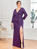 Shiny V-Neck Sequined Long Sleeves Evening Dress with High Slit