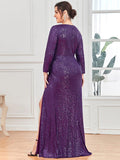 Shiny V-Neck Sequined Long Sleeves Evening Dress with High Slit