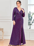 Shiny V-Neck Sequined Long Sleeves Evening Dress with High Slit