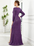 Shiny V-Neck Sequined Long Sleeves Evening Dress with High Slit