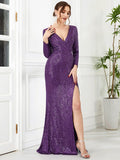 Shiny V-Neck Sequined Long Sleeves Evening Dress with High Slit