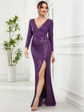 Shiny V-Neck Sequined Long Sleeves Evening Dress with High Slit