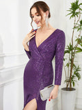 Shiny V-Neck Sequined Long Sleeves Evening Dress with High Slit