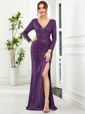 Shiny V-Neck Sequined Long Sleeves Evening Dress with High Slit