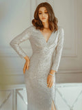 Shiny V-Neck Sequined Long Sleeves Evening Dress with High Slit