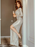 Shiny V-Neck Sequined Long Sleeves Evening Dress with High Slit
