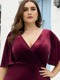 Elegant V-Neck A-Line Empire-Waist Velvet Evening Dress with Short Sleeves