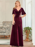 A-Line V-Neck Velvet Half Sleeves Pleated Bridesmaids Dress
