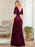 A-Line V-Neck Velvet Half Sleeves Pleated Bridesmaids Dress