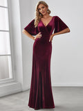 A-Line V-Neck Velvet Half Sleeves Pleated Bridesmaids Dress