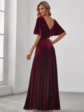 A-Line V-Neck Velvet Half Sleeves Pleated Bridesmaids Dress