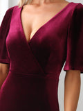 A-Line V-Neck Velvet Half Sleeves Pleated Bridesmaids Dress