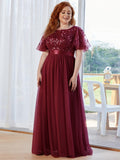Plus Size A-Line Scoop Neck Long Formal Evening Dresses with Half Sleeves